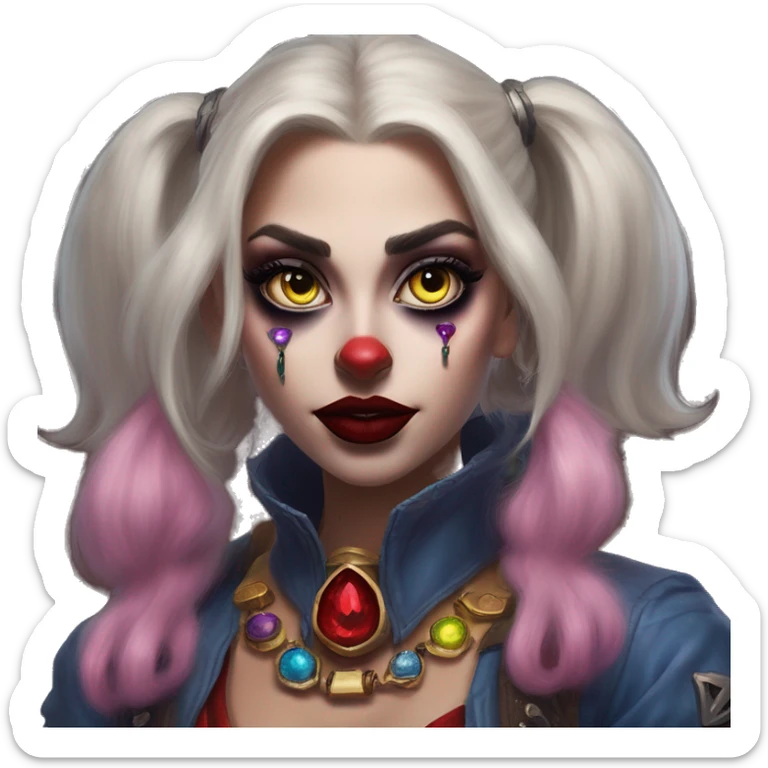 Warcraft gem collector in Harley Quinn style, oil paint, mysterious eyes, intricate lips, masterpiece portrait, odd perspective, beautiful, desirable, logical sticker