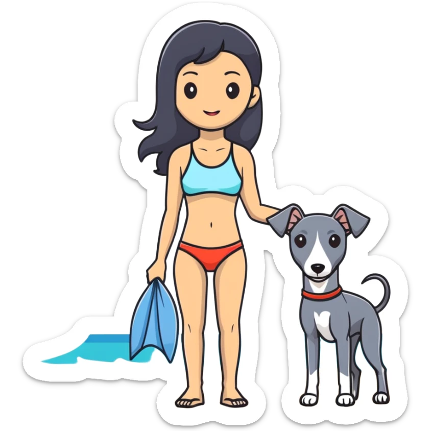Slim Chinese woman with long black hair in appropriate beach attire at the beach with her completely solid grey Italian greyhound, the dog has absolutely no white markings anywhere, not on face or paws, solid grey color throughout entire body sticker