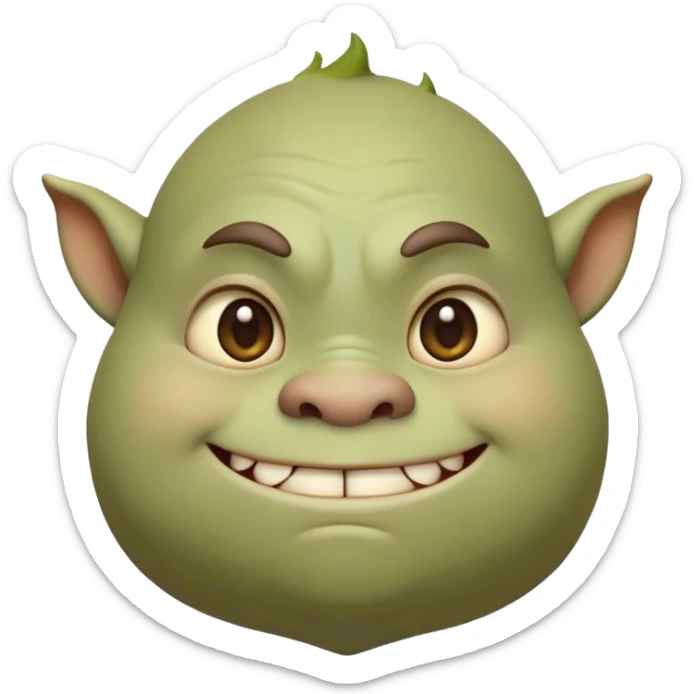 Cinematic Cute Ogre Portrait Emoji, with a surprisingly endearing, plump and huggable figure in soft earthy greens and browns, featuring big, kind eyes and a bashful smile, simplified yet irresistibly adorable, highly detailed with a soft glowing outline that captures the charm of a friendly giant who seems ready for a warm hug! sticker