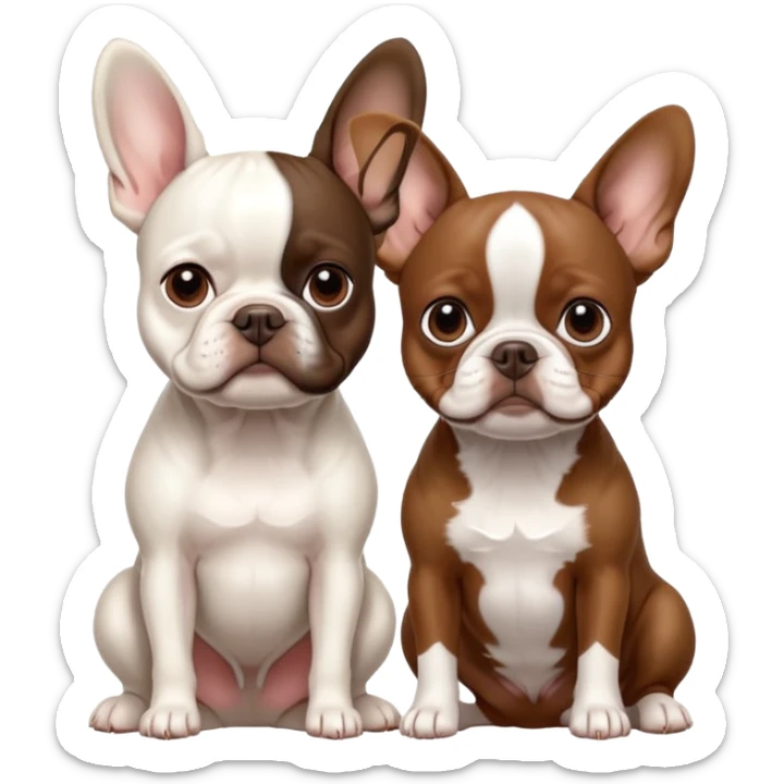 All pure white French bulldog sitting next to skinny brown Boston terrier sticker