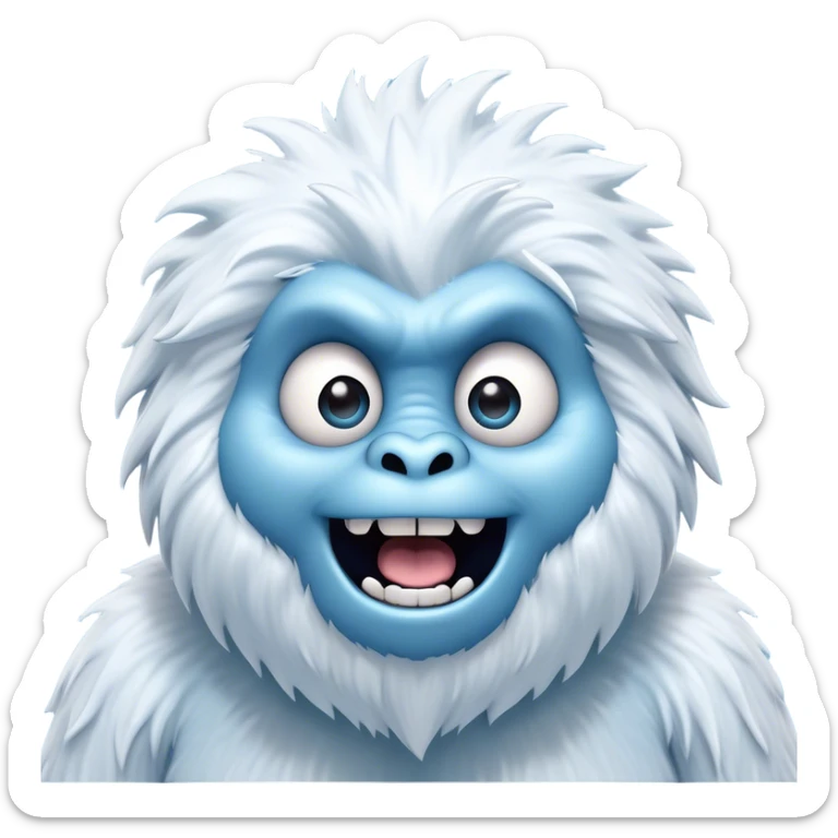 Cinematic Comical Yeti Portrait Emoji, with a cartoonishly exaggerated, fluffy figure in cool, frosty whites and icy blues, head tilted in an overly surprised expression with wide, comically sparkling eyes and a quirky, open-mouthed grin, simplified yet hilariously detailed, glowing with a soft frosty outline capturing the meme-worthy fun of a yeti in playful shock! sticker
