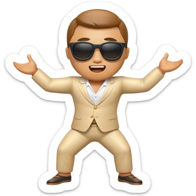 Cinematic Realistic Gangnam Style Pop Culture Emoji, showcasing a playful, iconic portrayal inspired by the hit song rendered with dynamic textures and fun, energetic lighting. sticker