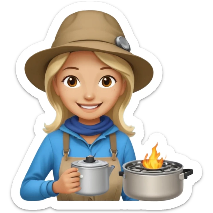 A woman camper boiling water on a portable stove, enjoying the outdoor sticker