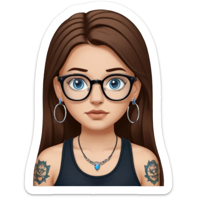 WHITE girl with long brown hair, part going more to the RIGHT side, BLUE eyes, wearing BLACK rectangle plastic frame glasses. SEPTUM nose piercing hoop (at bottom of nose) AND stud nose piercing on right side of nose. Wearing BLACK tank top. Arm tattoos. Hoop earrings sticker
