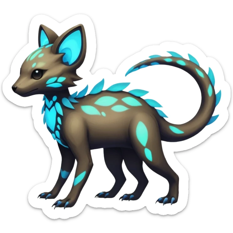 Rare realistic dark-neon glowing bioluminescent edgy badass epic pretty beautiful handsome gorgeous aesthetic colorful vibrant Vernid-Trico-species-Fakemon-creature by LiLaiRa, 4 legs, 1 tail, random markings, (full body) sticker