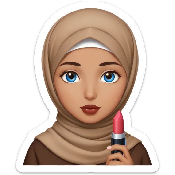 Turkish beautiful finish Konya girl blue eyes with brown beige hijab islamic dress and had on her hand lipstick sticker