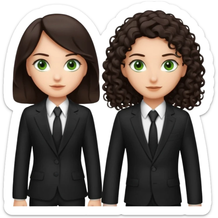 Two besties as agents, 1: long ironed straight darkbrown hair, green eyes, 2: long curly darkbrown hair, brown eyes  sticker