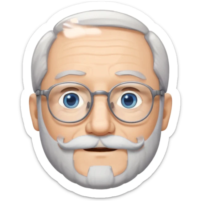 Create me an emoji of an old man. Gray really short size hair. Gray follow-up full beard. Squarer Glasses. Blue eyes. Little smile sticker