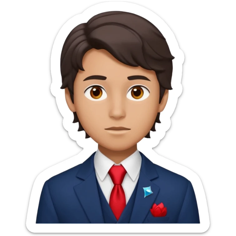 Number Five from "The Umbrella Academy": portrait of slim 16 yo teen (face, neck, shoulders, chest) in sarcastic pose, oval face with high cheekbones, gray eyes, dark brown wavy side-swept hair. Uniform: dark blue blazer with red trim, white shirt, black tie, diamond vest. sticker