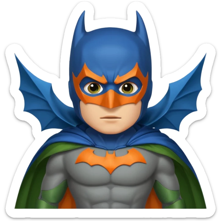 batman emoji with the mask in blue, wings in orange and cloak in green sticker