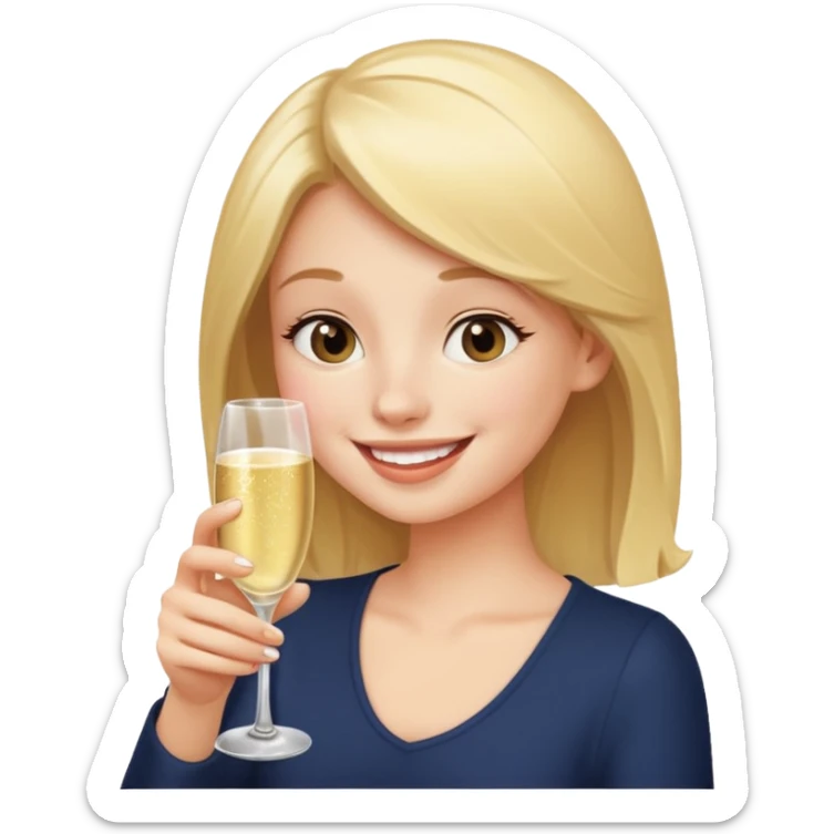 A shy young woman gently takes her first small sip of champagne, smiling with excitement. sticker