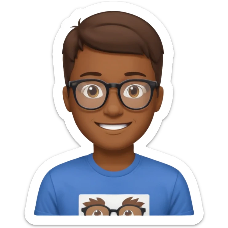 a man in his early 20s wearing glasses for a tech company, his job is marketer, extroverted, brown hair sticker