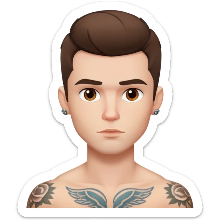 pretty handsome adult bratz man, short brown hair, brown eyes, pale skin, defined jawline, has tattoos sticker
