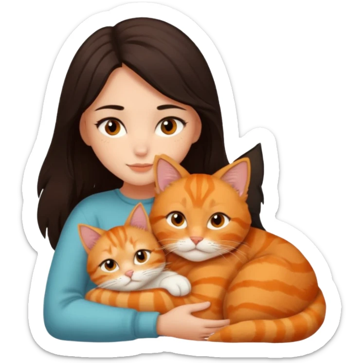 dark-black-brown-hair-to-shoulder girl with brown eyes snuggled with orange tabby cat sticker