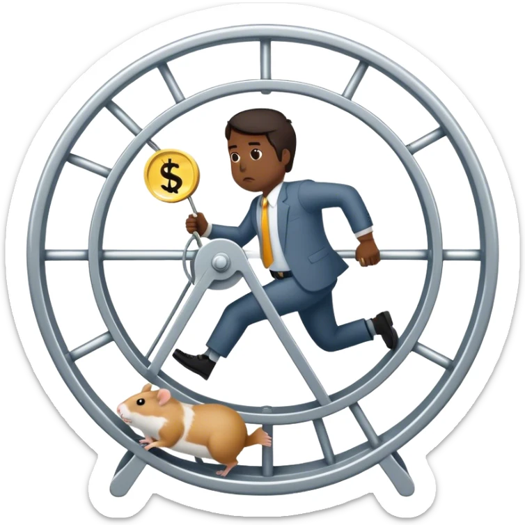 Create an emoji of a tired, overworked entrepreneur running on a hamster wheel, chasing a floating dollar sign or a bag of money. The character has dark circles under their eyes, looks exhausted, and appears stuck in an endless cycle. The hamster wheel represents constant struggle, while the money is always just out of reach. The style should be clean and easily recognizable as an emoji

 sticker