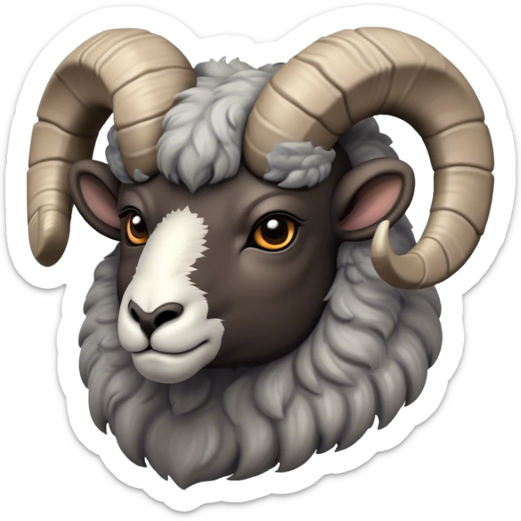 Cinematic Noble Ram Portrait Emoji, Poised and regal, with a sturdy, powerful build and a thick, woolly grey fur adorned with impressively curled horns, deep-set soulful dark eyes, Simplified yet sharp and sophisticated features, highly detailed, glowing with a soft, dignified glow, high shine, intelligent and commanding, stylized with an air of rugged majesty, focused and attentive, soft glowing outline, capturing the essence of a watchful and confident ram, so majestic it feels as though it could charge out of the screen with effortless authority! sticker