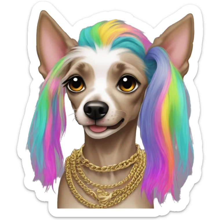 Punk Chinese crested dog neon rainbow hair gold chain punk piercings tattoos punk ear piercings sticker
