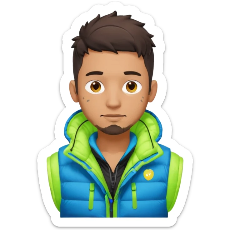 Cyberpunk street adult, hispanic, male, messy undercut, puffer vest over hoodie, glowing earpiece, light stubble, brown eyes, neon reflections, headshot sticker