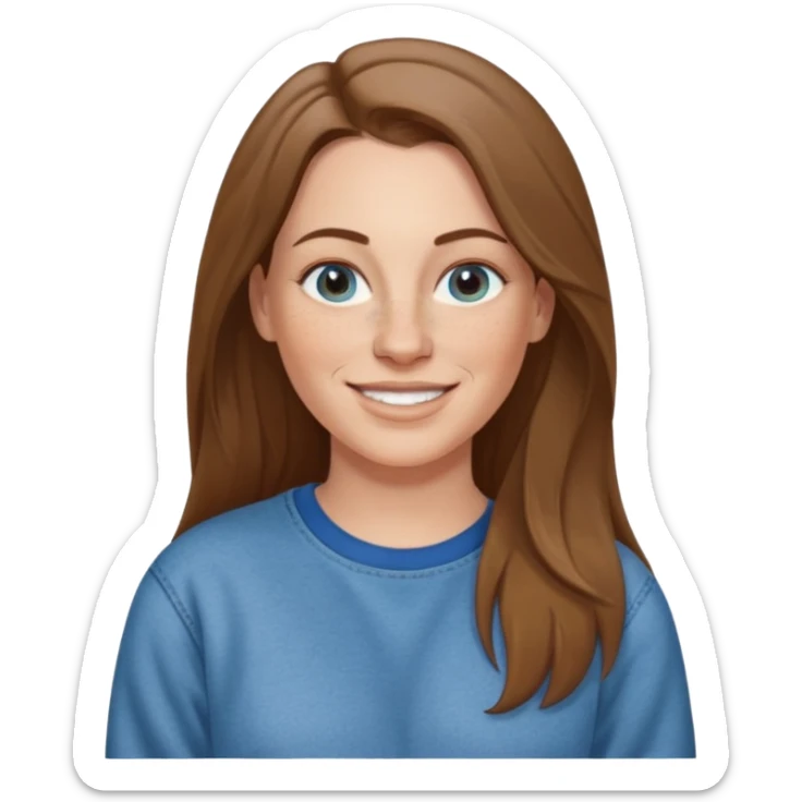 A 38 year old white woman with long brunette hair parted in the middle. She has a nose ring. She has freckles and is wearing a sweatshirt and jeans smiling sticker