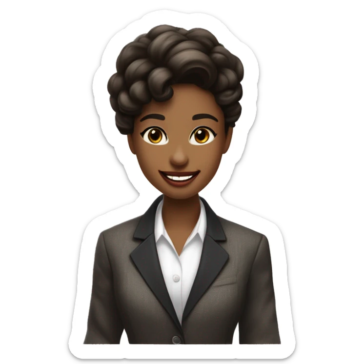 Una chica joven trigueña, con labios definidos y una ligera sonrisa sin mostrar los dientes. Su cabello marrón oscuro está recogido en un moño bajo. Lleva un blazer blanco, elegante y de diseñador, y sostiene una paleta de colores en una mano.  sticker