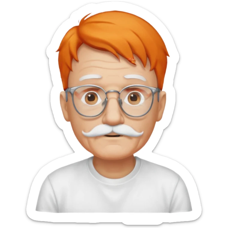 old man, orange hair, white mustache, wearing glasses, wearing a white t-shirt sticker