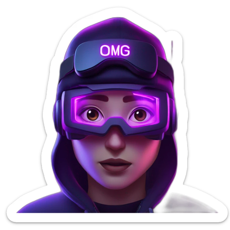 Alekséi Vorobiov wearing a black hoodie with "OMG" letters on it and VR headset in a cyberpunk VR environment with violet neon lighting. sticker