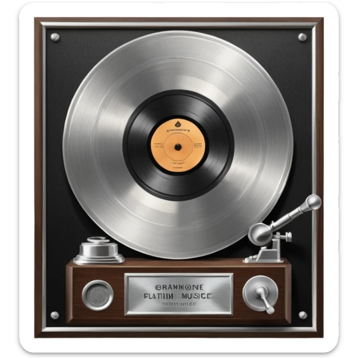 A platinum music award plaque: a square, polished platinum plate with a subtly textured, mirror-like finish, mounted on a simple dark wood base. The center features a relief of a vintage gramophone or stylized vinyl record in a slightly darker metallic tone.  sticker