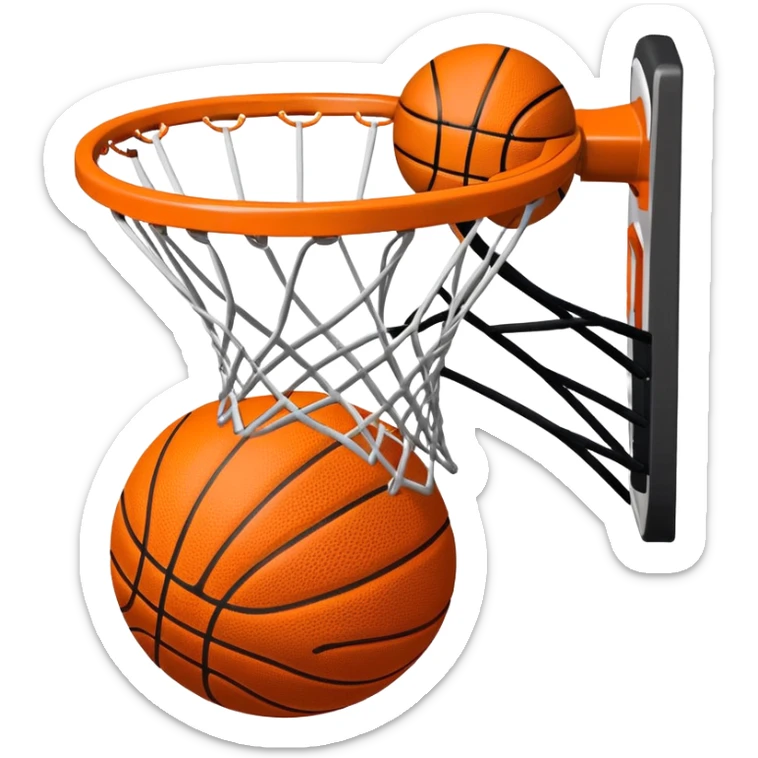 A close-up of a basketball shield and hoop with the ball swishing through the net, captured mid-air. The background emphasizes the tension and excitement of the moment, with the rim and net in sharp focus, showcasing the precision and skill of the sport. sticker
