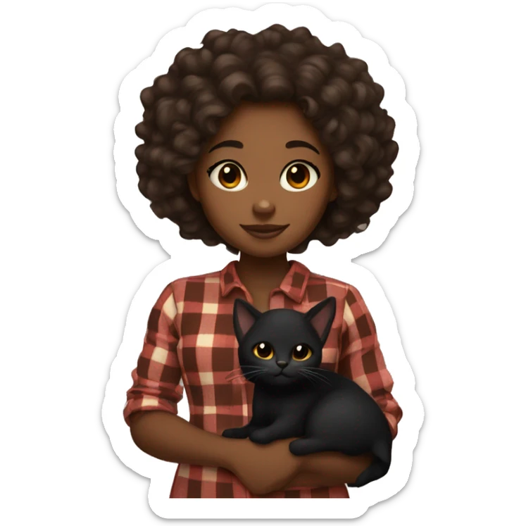 a brown skin girl with curly hair holding a black cat with an plaid color  sticker