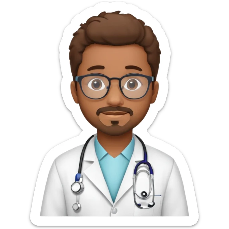 Alfredo should be a brown skin doctor, wearing a white coat and his name Alfredo on the lab coat.. He should also have a stethoscope around his neck. Show  alfredo as a cartoon like image, an avatar. add some great hair and glasses. Also,  give him a goatee. sticker