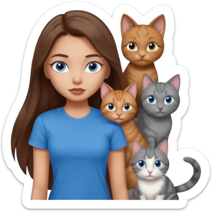 a pretty bratz dusky light skin girl with long brown hair, blue eyes with six cats nd wearing a grey tshirt sticker