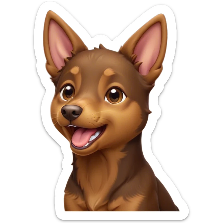 Cinematic Cute Yawning Brown and Tan Kelpie Portrait Emoji, Head tilted slightly with a dramatic, wide-open yawn, showcasing a smooth brown Fur with distinct tan highlights, floppy ears slightly drooping, round warm eyes barely open in drowsy contentment, Simplified yet irresistibly adorable features, highly detailed, glowing with a soft, cozy glow, high shine, relaxed yet expressive, stylized with a touch of whimsy, bright and endearing, soft glowing outline, capturing the essence of a sleepy yet affectionate herder, so drowsy it feels like it could stretch out of the screen and curl up for a nap! sticker