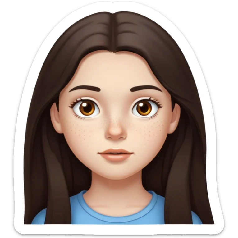 A 12-year-old girl with very long dark brown hair, light brown eyes, thick eyebrows, slightly big lips, with only two freckles - just one small freckle on her cheek and one small freckle under her eye sticker