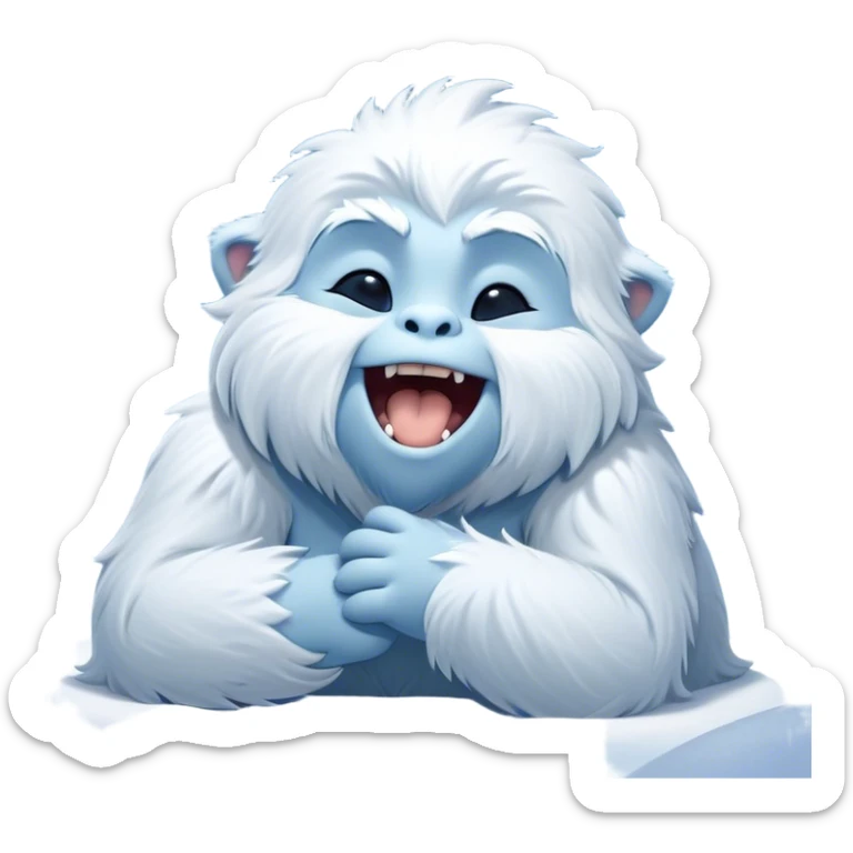 Cinematic Cute Yawning Yeti Portrait Emoji, with a charming, fluffy, snow-dusted figure in gentle whites and cool blues, head tilting back in a wide, endearing yawn with softly closed, peaceful eyes and a content little smile, simplified yet irresistibly adorable, highly detailed with a soft, frosty glow and outline capturing the serene slumber of a yeti! sticker