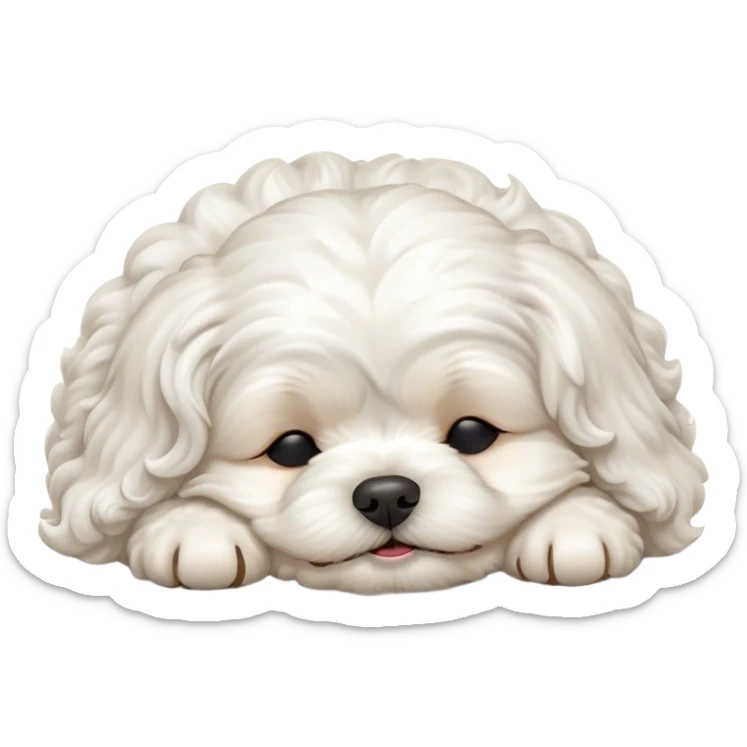 Cinematic Meme-Worthy cute Sleeping Wavy-Haired Maltese dog Portrait Emoji, Head resting peacefully with a contented smile, featuring a delightfully cute build and a luxuriously soft, wavy-haired white coat, eyes shut in a serene nap, Simplified yet hilariously adorable features, highly detailed, glowing with a soft, drowsy light, high shine, relaxed and utterly lovable, stylized with an air of playful laziness, bright and endearing, soft glowing outline, capturing the essence of a comically sleepy companion, so meme-worthy it feels like it could instantly become the next viral sensation of adorable slumber! sticker