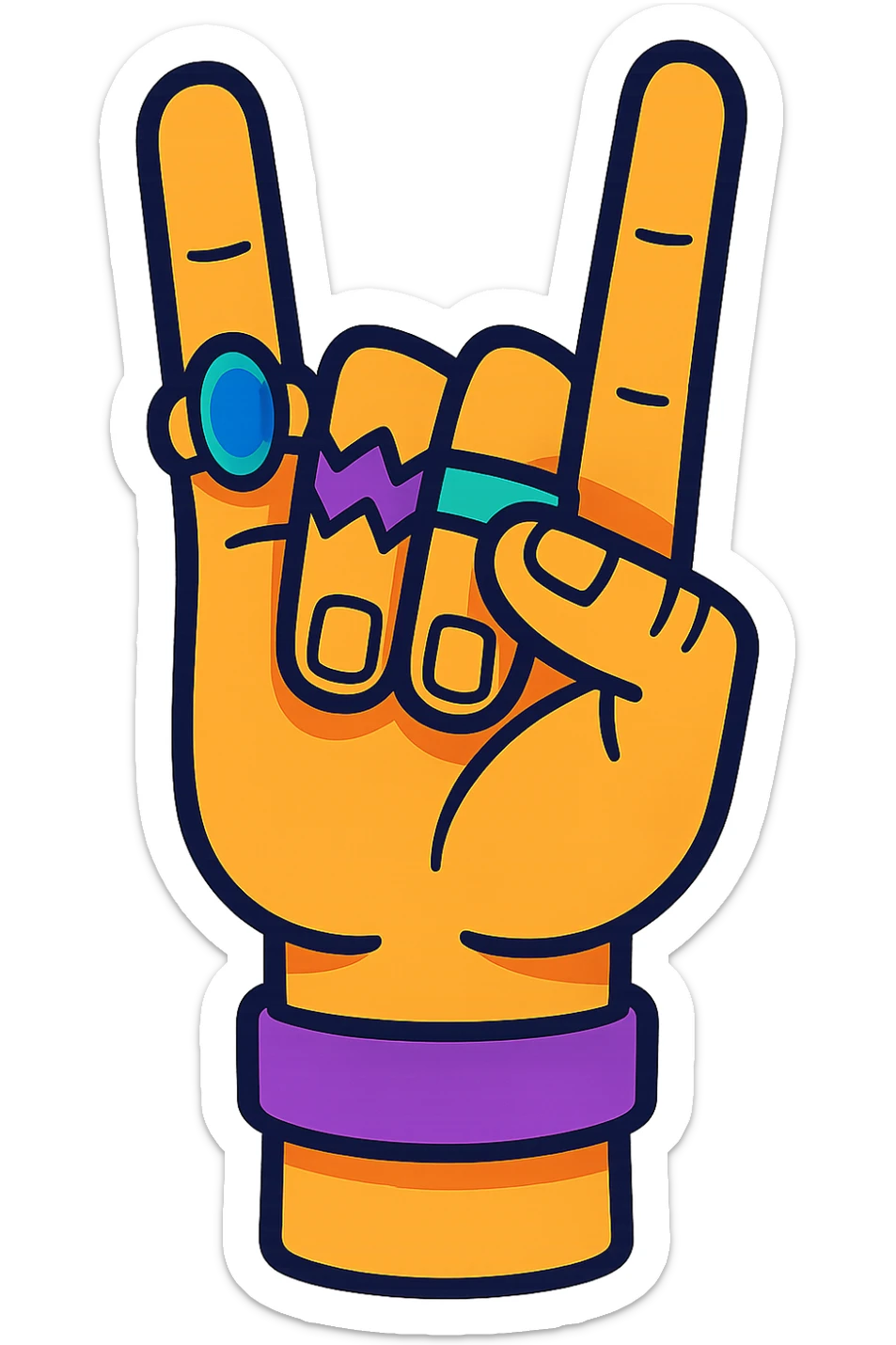 hand with rings making the metal sign, cartoon style, vibrant colors sticker