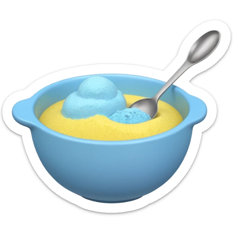 cartoon-style emoji of a mixing bowl with a spoon two colored powders being mixed and a small price tag or percentage sign to indicate calculation sticker