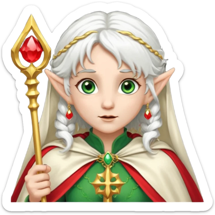 an elf with very white hair and two long ponytails on the side of her head, she has a curtain bang, green eyes, she has a white cape with golden borders and a scepter with a red orb, she has earrings that look like red drops sticker