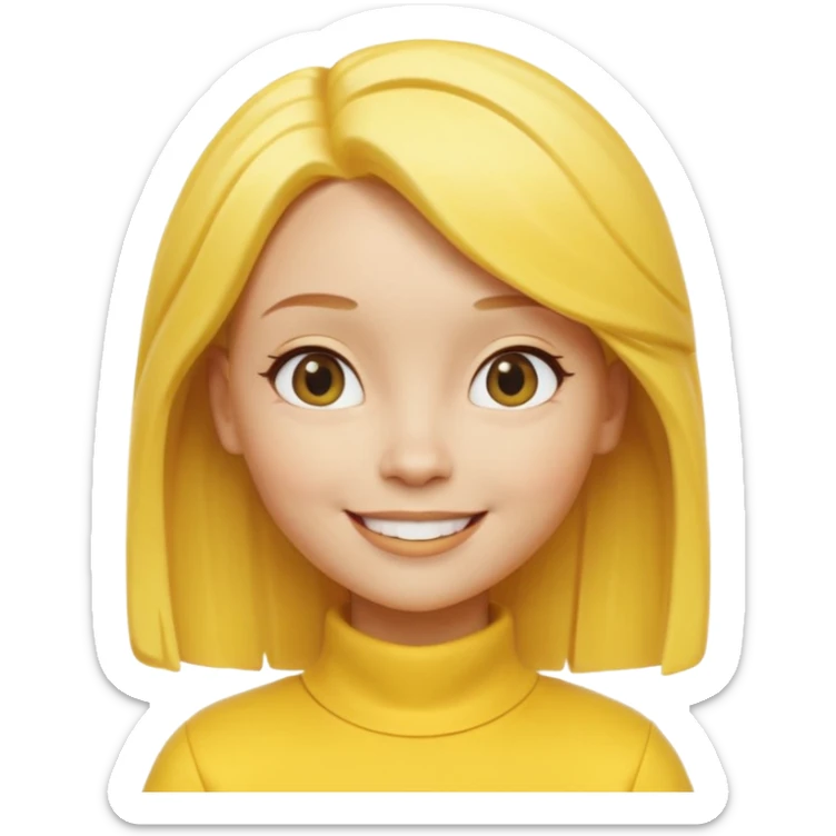 A 3D cartoon female character fully in yellow tones — skin, hair, and outfit all yellow — smiling gently, medium-length hair, cinematic Memoji-style rendering, cohesive with other yellow character sticker