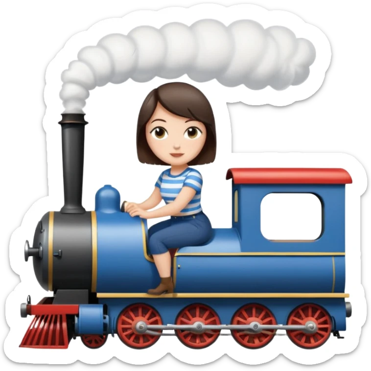 Pretty, sexy, slightly curvy white woman with short dark brown hair, wearing a blue and white striped tee shirt, riding a steam train sticker