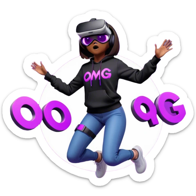 brown haired girl with a bob girl wearing black hoody with violet letters "OMG", in vr headset oculus quest2. jumping. Cyberpunk style. Violet neon. sticker