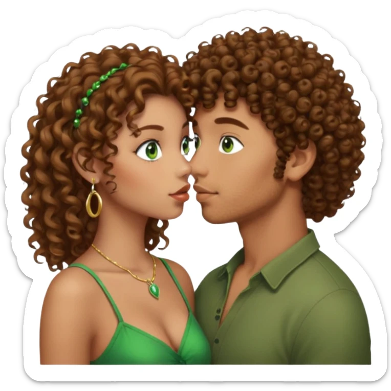 Un homme cheveux boucle avec boucle d’oreille et yeux vert qui embrasse une fille au cheveux maron bouclé métisse  sticker