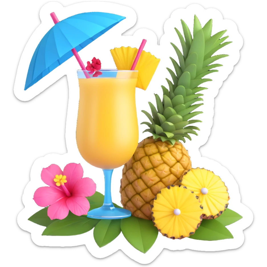 a pineapple and a vibrant tropical fruity blue cocktail with hibiscus, pineapple slice, and paper umbrella garnish sticker