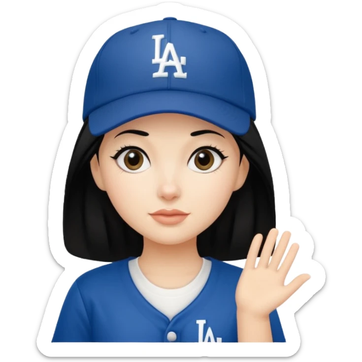Can you make an emoji of a girl with fair skin with black hair wearing an LA dodger hat sticker