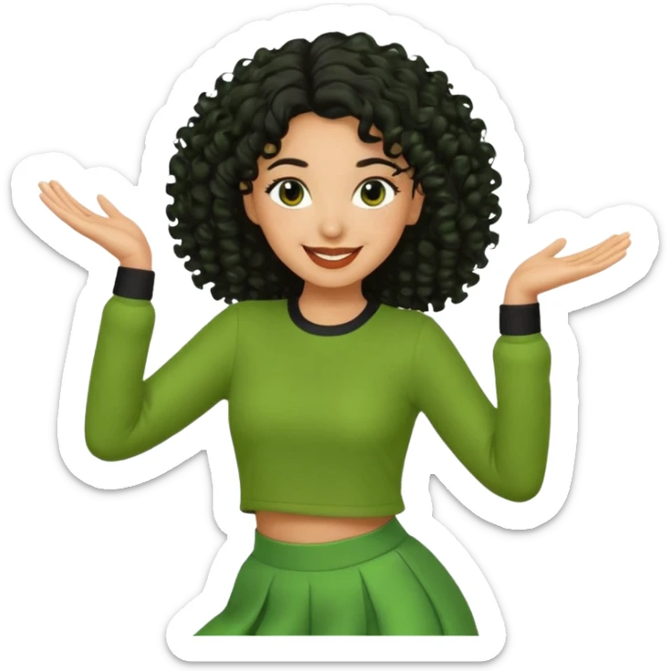 a woman with olive skin tone and curly black hair wearing green and dancing sticker