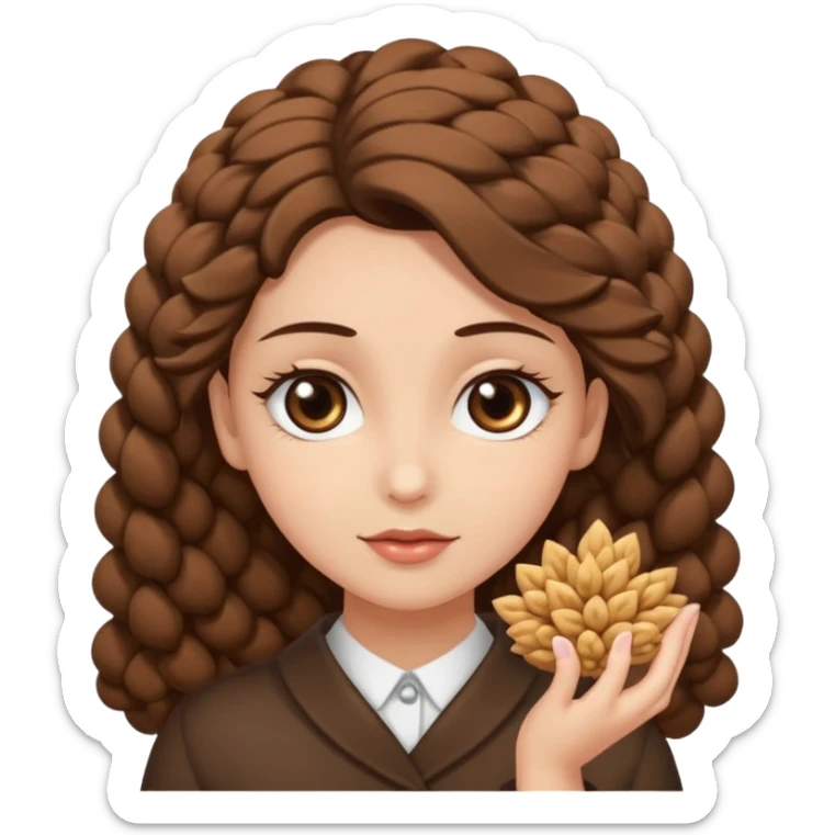 creami una ragazza con riccioli in fondo sulle punte, capelli marroni scuri e lunghi, occhi con ciglia non corte marroni sticker