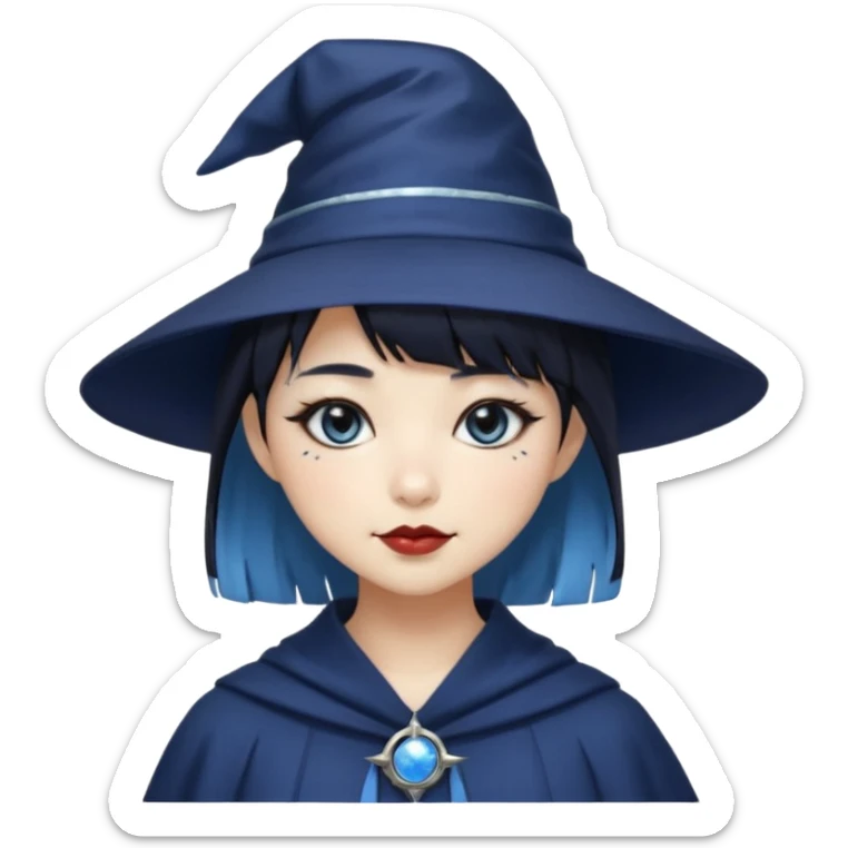 an asian short haired girl with light blue highlighted short raven hair with bangs, with her silver left eye and dark brown right eye, with black cat eyed style eyeliner, and smirk of natural toned lipstick, with dark navy wizard hat with moon emblem on his hat. sticker