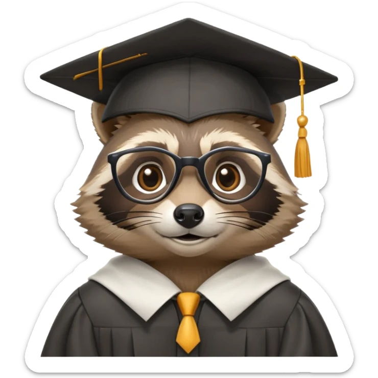 raccoon professor wearing glasses and academic cap, scholarly raccoon with graduation cap sticker