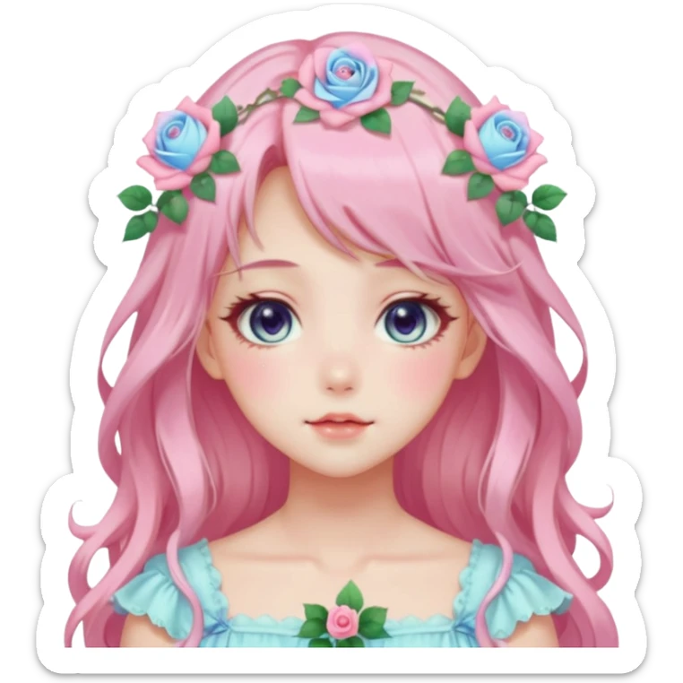 Gorgeous pastel anime style lady with blushing face and roses cottagecore fairycore pastelcore shiny colorful pearly aesthetic trending style sticker