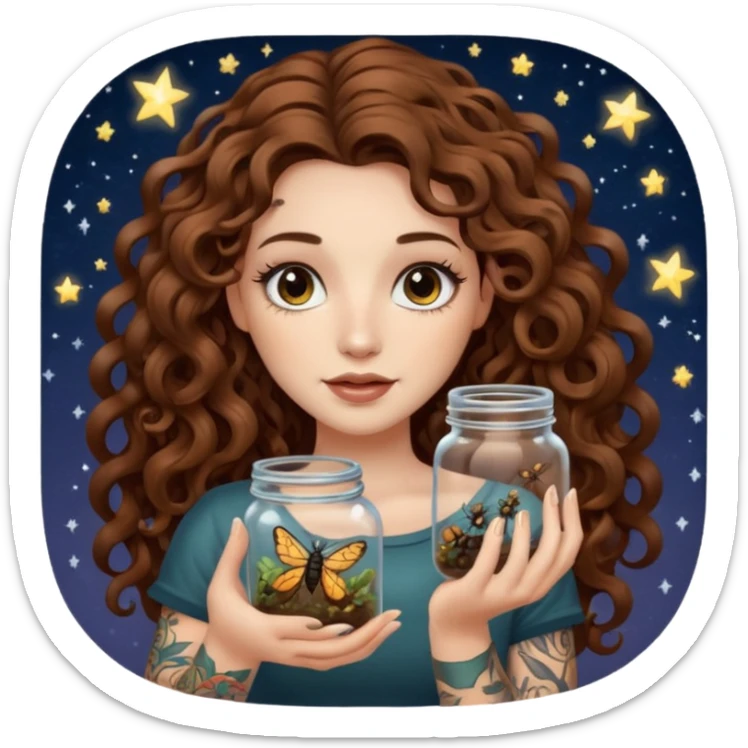 woman with long curly brown hair, brown eyes, white skin, tattoos, holding a jar of captured starlight insects sticker